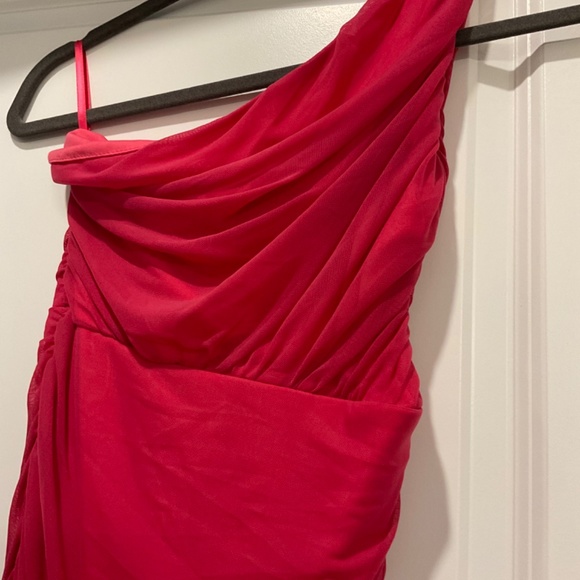 Fuchsia mesh cinched midi dress, one shoulder - Picture 2 of 2
